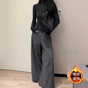 加绒加厚呢子低腰休闲裤女秋冬新款垂感长裤潮流宽松阔腿拖地裤子