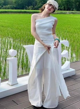 慵懒松弛感不规则绑带休闲裤女夏季垂感长裤宽松白色阔腿拖地裤子