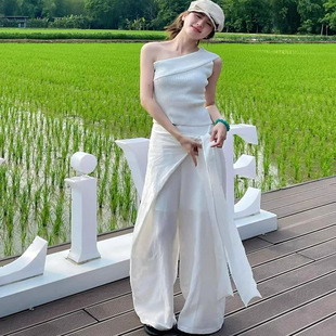 慵懒松弛感不规则绑带休闲裤女夏季垂感长裤宽松白色阔腿拖地裤子