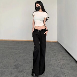 宽松显瘦微喇休闲裤女秋纯色百搭低腰西装裤时尚垂感阔腿西装长裤