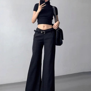 休闲裤 拖地裤 女秋辣妹低腰长裤 显瘦垂感阔腿喇叭裤 子 时尚 黑色西装