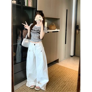 小个子白色工装休闲裤女夏季新款高腰垂感长裤宽松百搭阔腿拖地裤