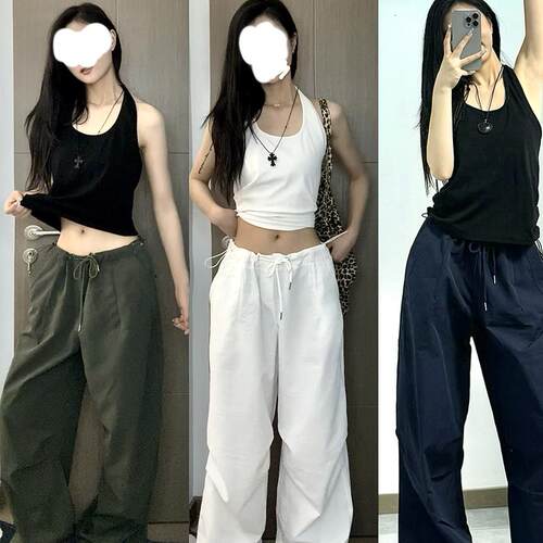 小个子抽绳松紧腰工装裤藏青色休闲裤女秋美式复古宽松阔腿长裤子