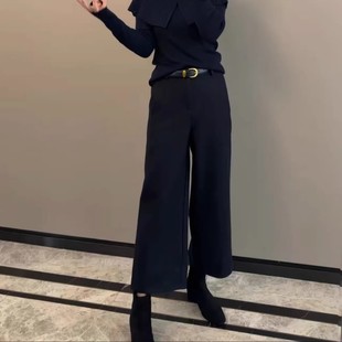 时尚潮流黑色毛呢休闲裤女春季2026新款小个子显瘦裤子高腰九分裤