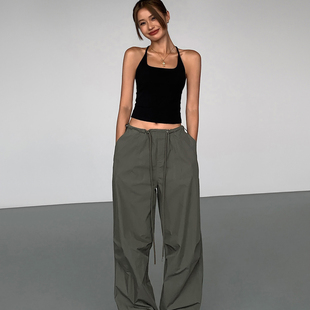 美式辣妹抽绳松紧腰休闲裤女夏季炸街工装裤宽松口袋阔腿拖地裤子