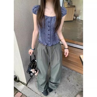 美式辣妹灰绿色工装长裤女春季抽绳松紧腰休闲裤宽松阔腿拖地裤子