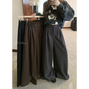 复古灰色西装裤休闲裤女秋冬呢子阔腿裤百搭高腰拖地裤子直筒长裤