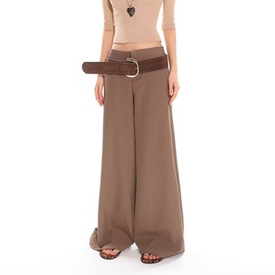 小个子垂感毛边低腰休闲裤女春季咖色西装长裤宽松直筒阔腿拖地裤