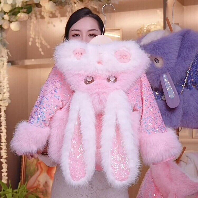 女童仿皮草外套2025秋冬新款洋气长耳兔子耳朵加绒加厚卡通公主风