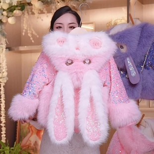 女童仿皮草外套2025秋冬新款洋气长耳兔子耳朵加绒加厚卡通公主风