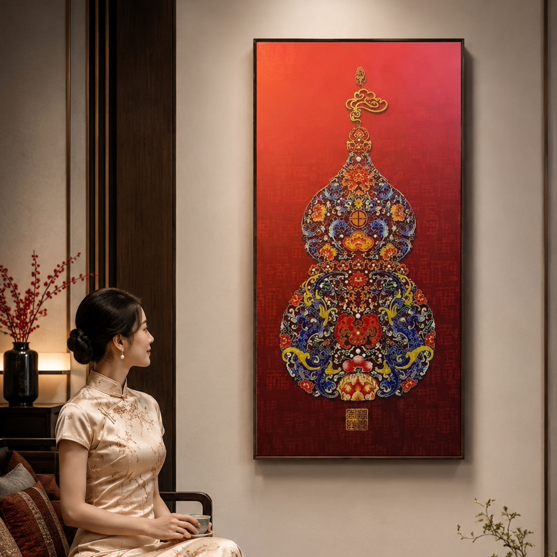 福禄葫芦新中式客厅装饰画红色竖版百福图壁画入户正对门玄关挂画