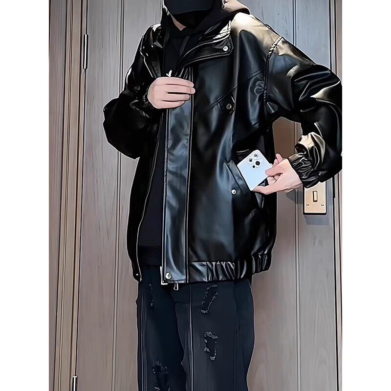 春秋季美式复古飞行员皮衣外套男女款潮流痞帅宽松立领情侣皮夹克