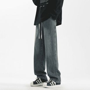 寬松潮牌松緊腰百搭長褲 美式 高街復(fù)古顯高直筒牛仔褲 男生春夏季 子
