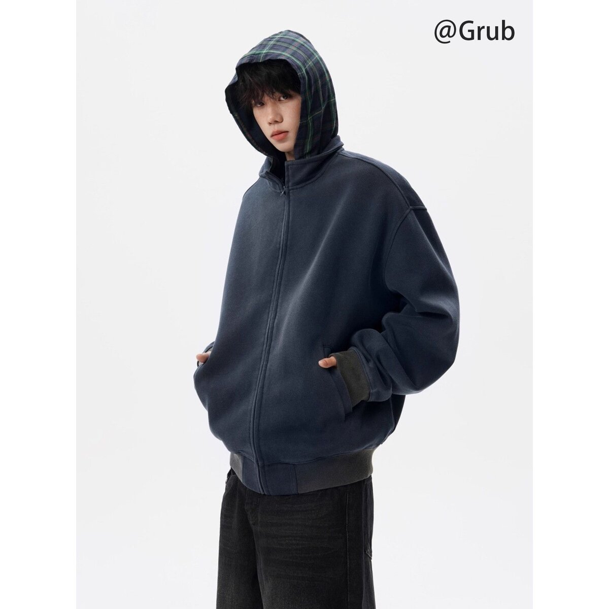 假两件连帽卫衣男女秋美式重磅格纹情侣外套复古vibe宽松开衫上衣