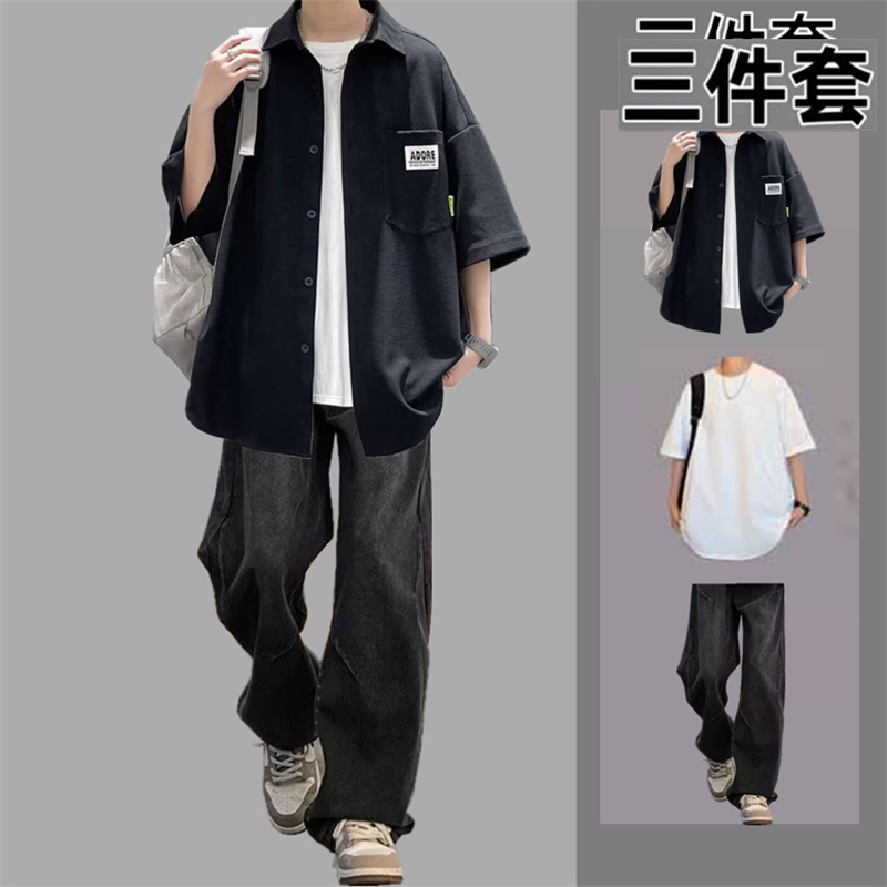 夏季衬衫男短袖学生百搭牛仔裤运动套装春宽松痞帅潮流ins三件套