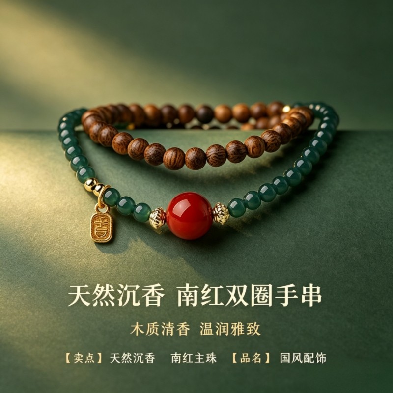 沉香蓝水翡翠南红双圈手串新中式