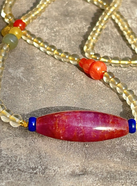 天然无烧红宝石桶珠转运珠天珠项链搭配天然黄水晶南红蜜蜡青金石