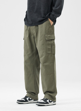 7than日系百搭纯棉多口袋工装裤美式宽松直筒军绿色休闲长裤男女