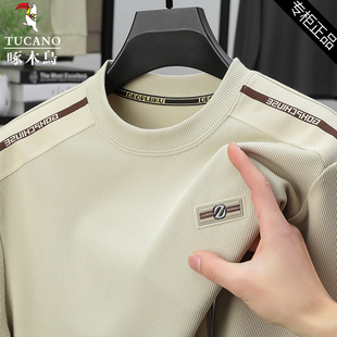长袖 啄木鸟2025春秋圆领大码 薄款 男士 卫衣 t恤商务休闲宽松打底衫