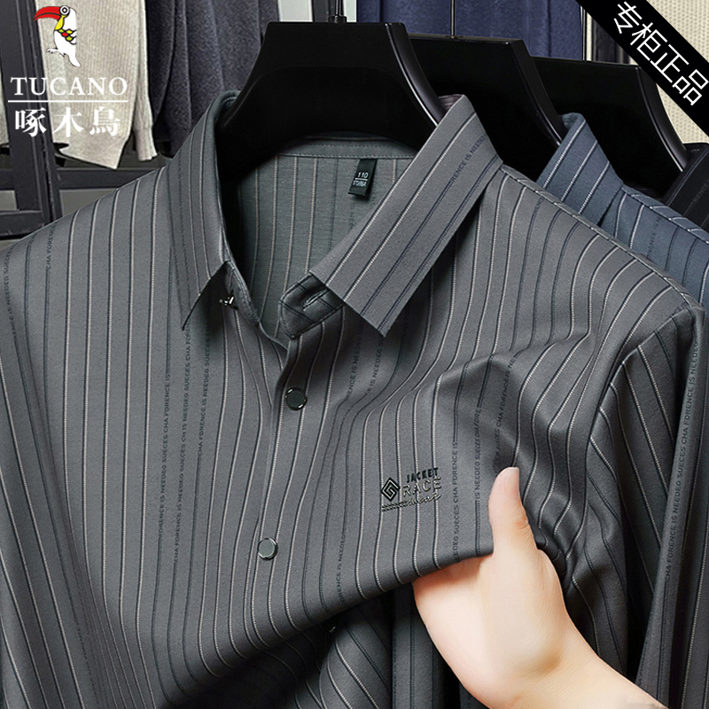 啄木鸟条纹衬衫桑蚕丝长袖上衣男