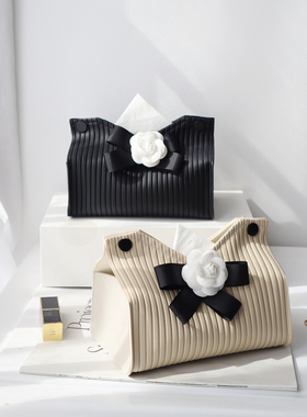 壹柒家居 黑色山茶花纸巾盒 中古米色黑白轻奢简约客厅纸斤收纳