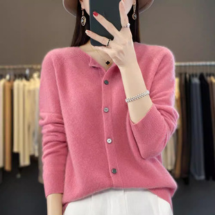 广东大朗毛织官方旗舰店不起球正品开衫圆领宽松型毛衣女式针织衫