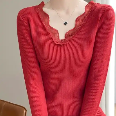 针织衫蕾丝不起球低领套头