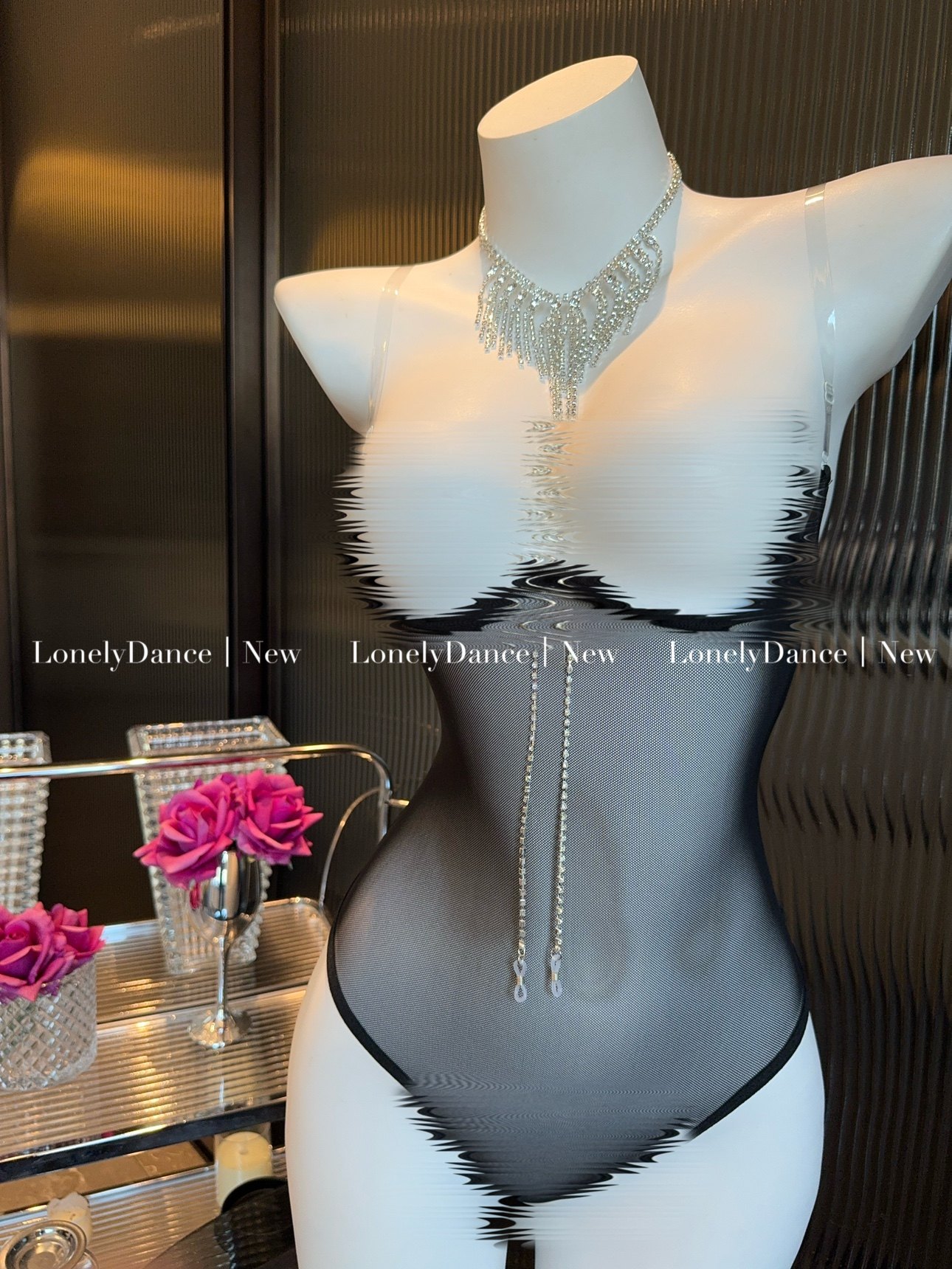 Lonelydance波霸学姐* 大码网纱性感带钢圈镂空胸链乳夹连体衣女