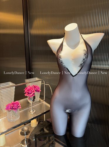 LonelyDance冰丝油亮爽滑开当连体衣连袜深v薄透睡衣挂脖