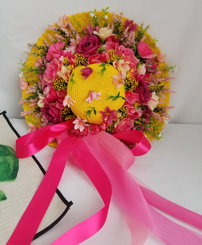 荷溪手工花朵草帽春夏季女士帽子手提包草包编织女士沙滩度假花环