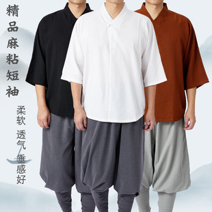 禅意风夏季T恤男出家人麻粘僧服内衣佛系居士禅修服