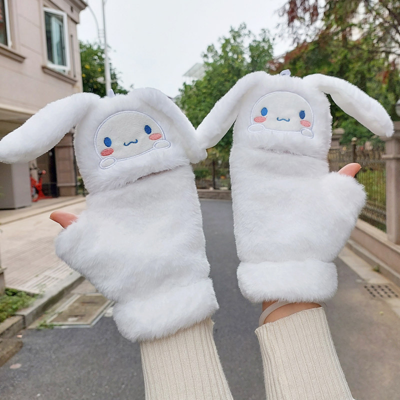 韩版秋冬季毛绒可爱卡通学生写字双层加厚保暖半截露指翻盖手套女