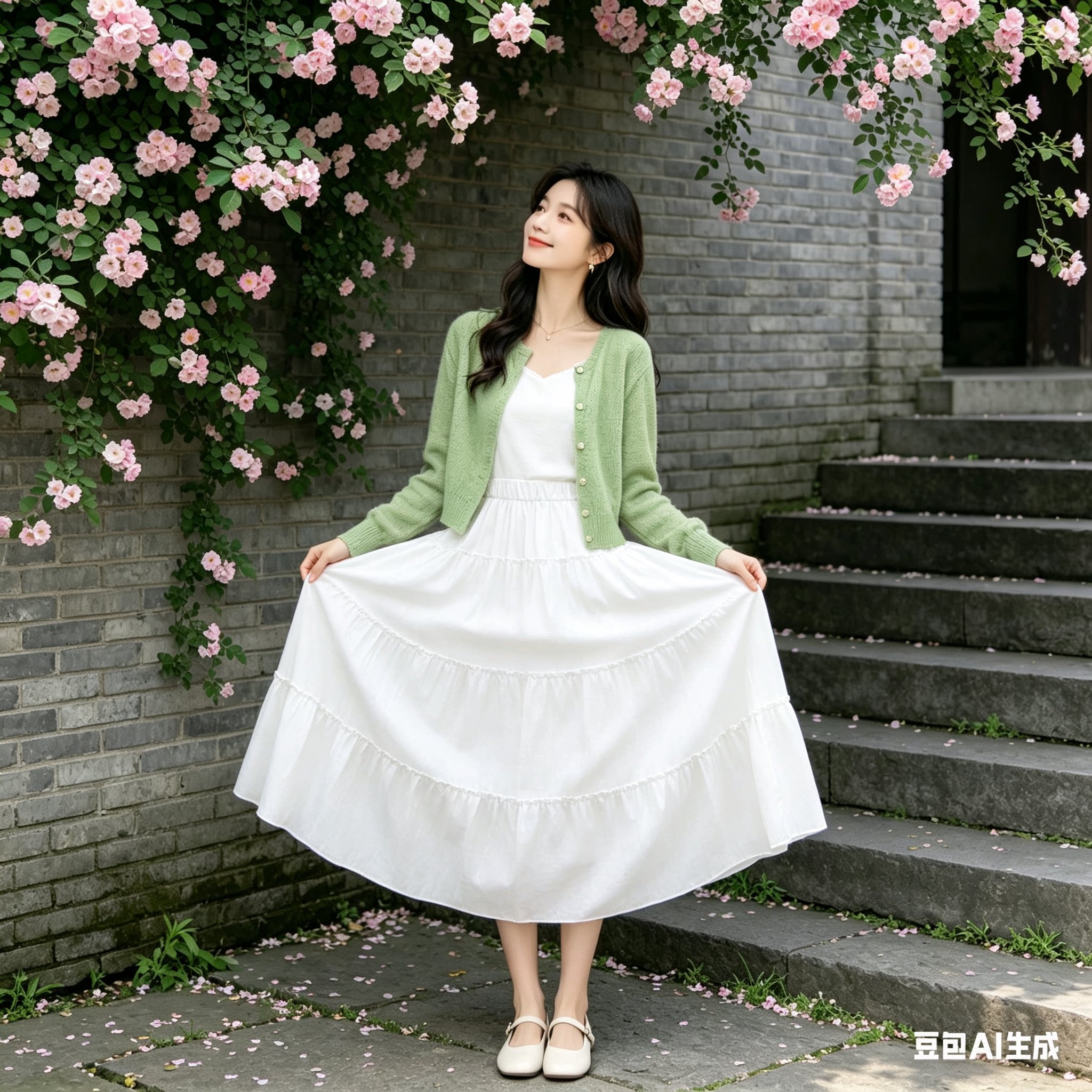 抽褶纯色蛋糕半身长裙白夏季