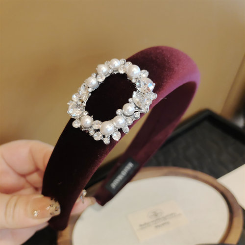 高级感珍珠水钻方扣丝绒发箍