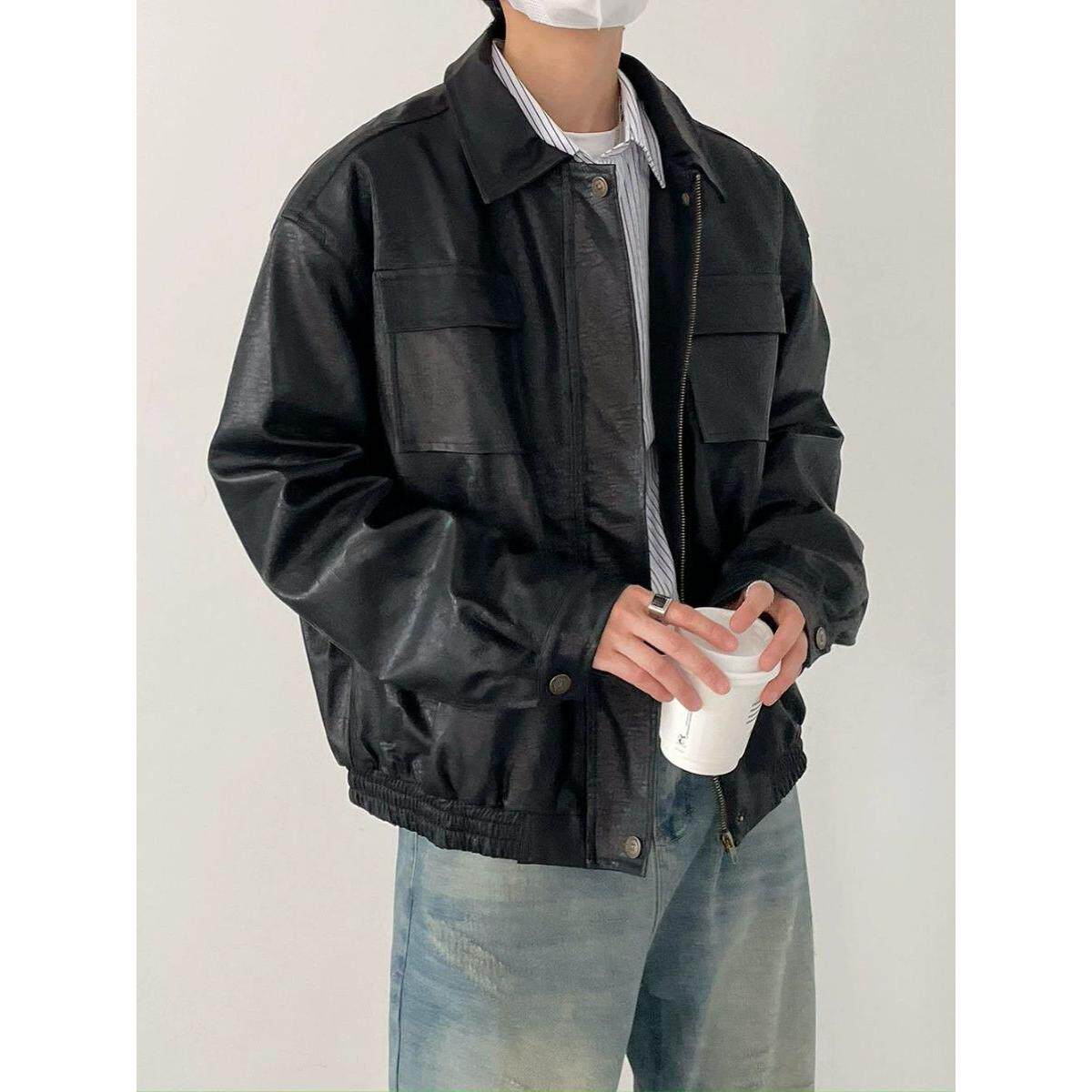 1506A/GW6370/P70痞帅Pu皮衣潮牌垫肩皮夹克男机车服秋冬高街外套图片