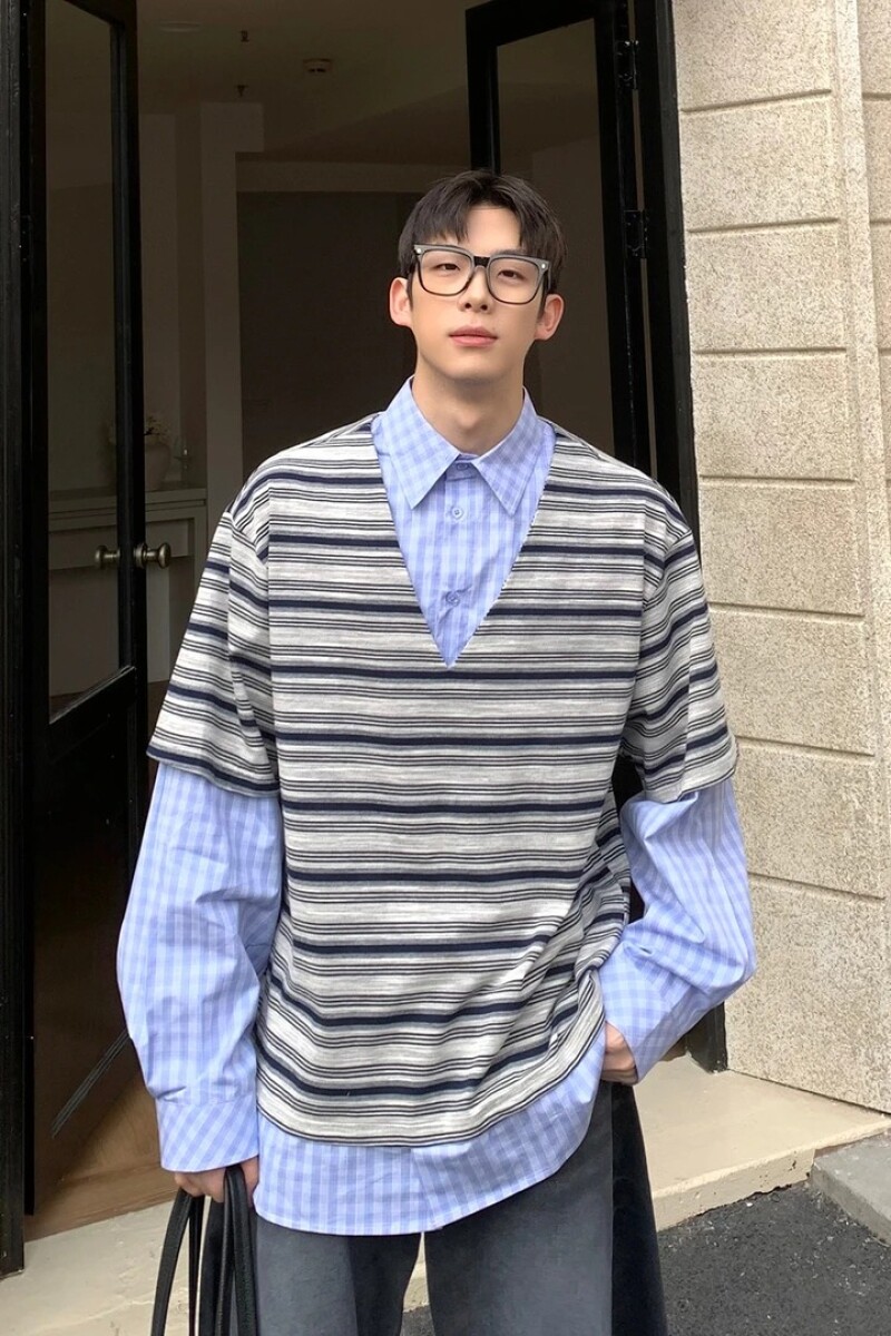 1506A/GX600/P56拼接设计感条纹衬衫男装宽松高级感长袖2,男装衬衫,星座1506A