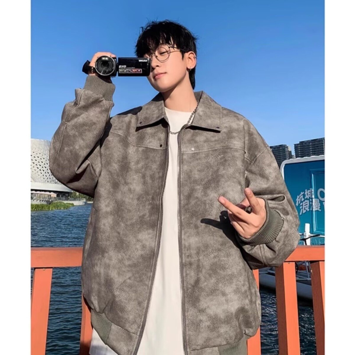 1506A/GK23770/P75网红PU皮美式复古铆钉夹克男春秋款皮衣外套3图片