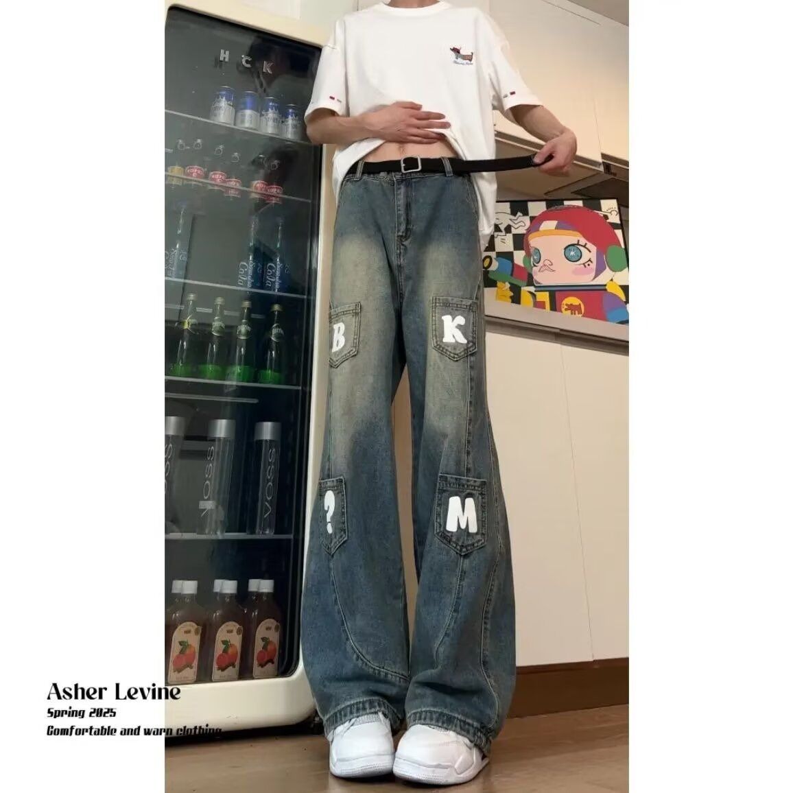 1506A/G11810/P47印花口袋弯刀装牛仔裤女挂件宽松阔腿长裤1，女装牛仔裤，星座1506A