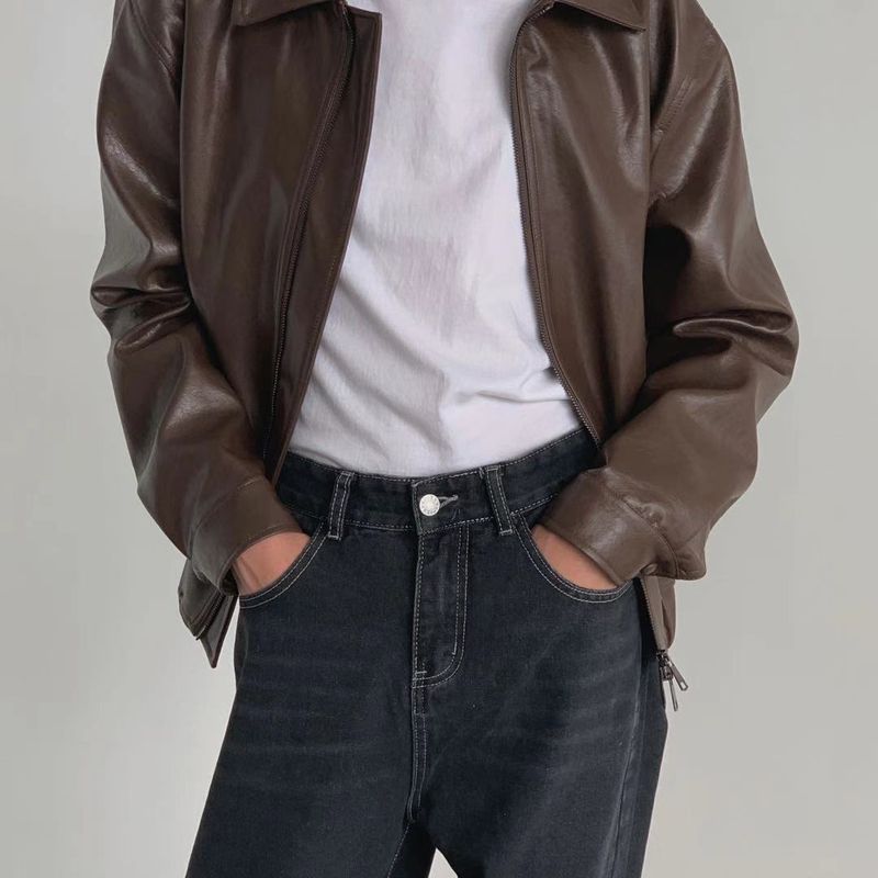 1506A/GW6350/P70痞帅高质量Pu皮衣潮男复古风机车服皮夹克秋外套图片