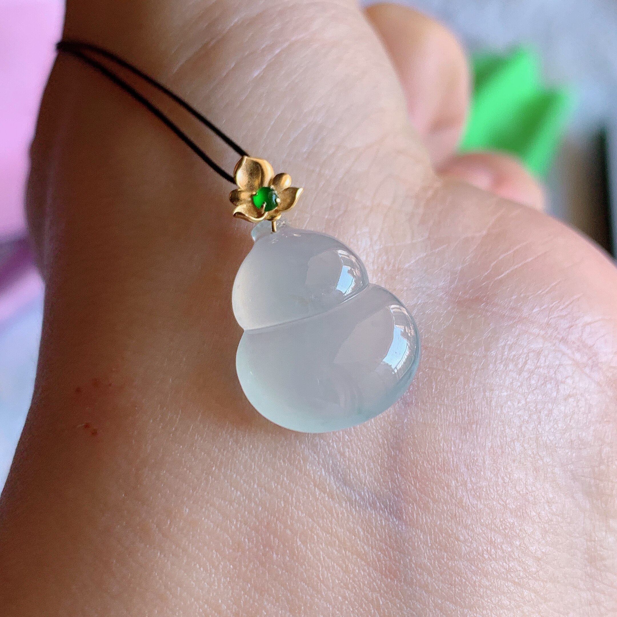 缅甸天然A货翡翠18k金扣头冰糯种起光葫芦吊坠老坑玉葫芦挂件