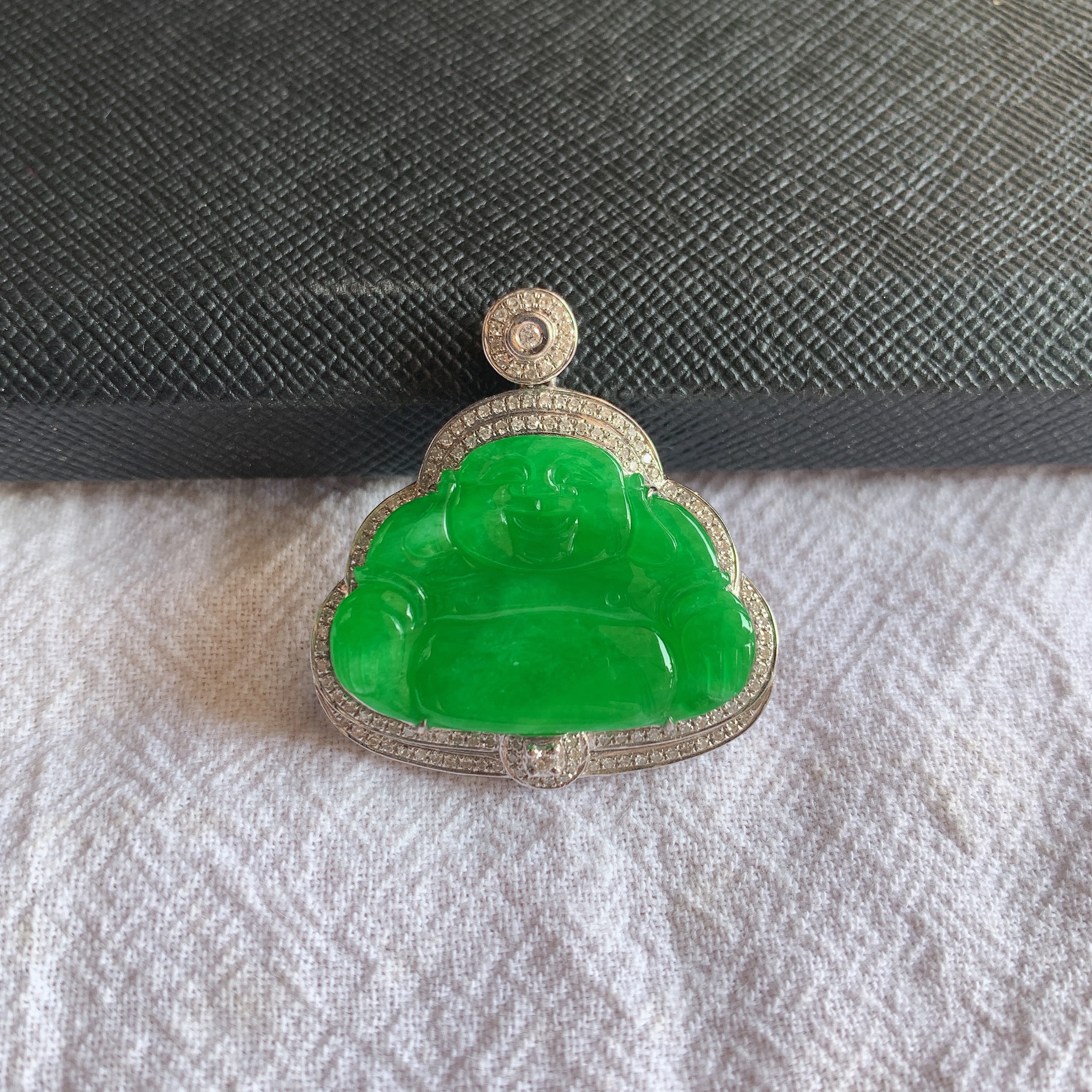 缅甸天然A货翡翠18k金豪华镶嵌冰种阳绿佛公吊坠老坑玉佛公挂件