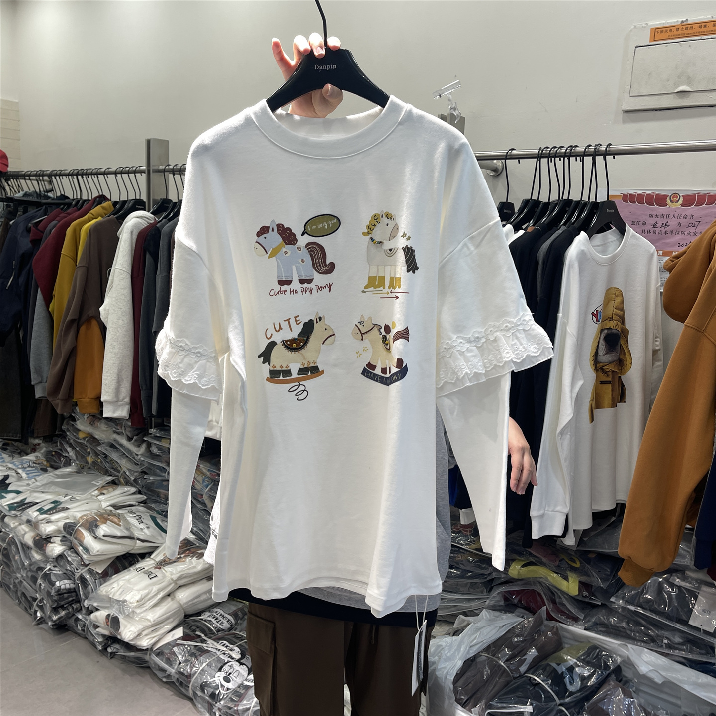 DANPIN单品 印花蕾丝拼接假两件长袖T恤宽松减龄可爱卡通上圆领衣