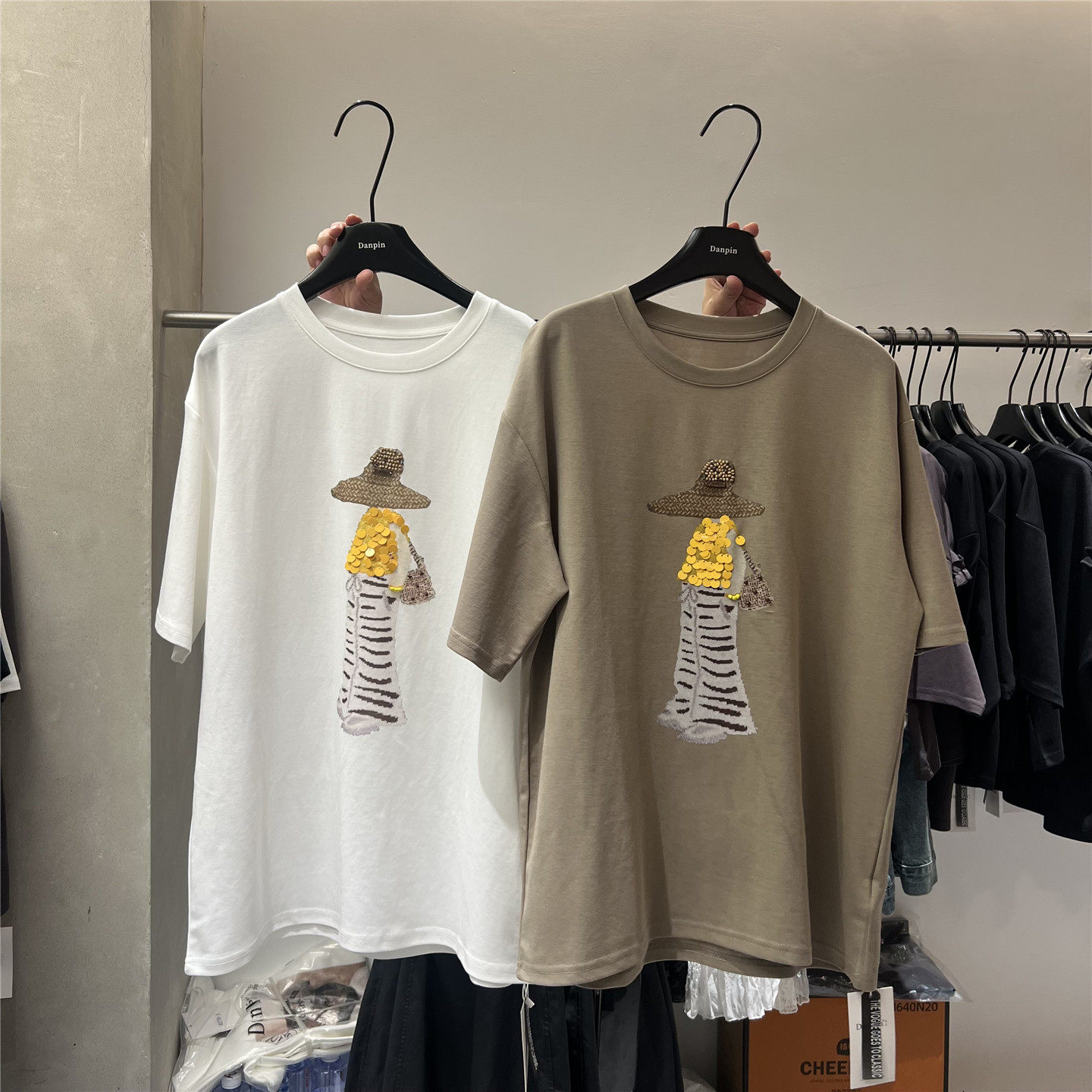 单品danpin 韩系草帽女孩亮片T恤女夏季宽松oversize百搭短袖上衣