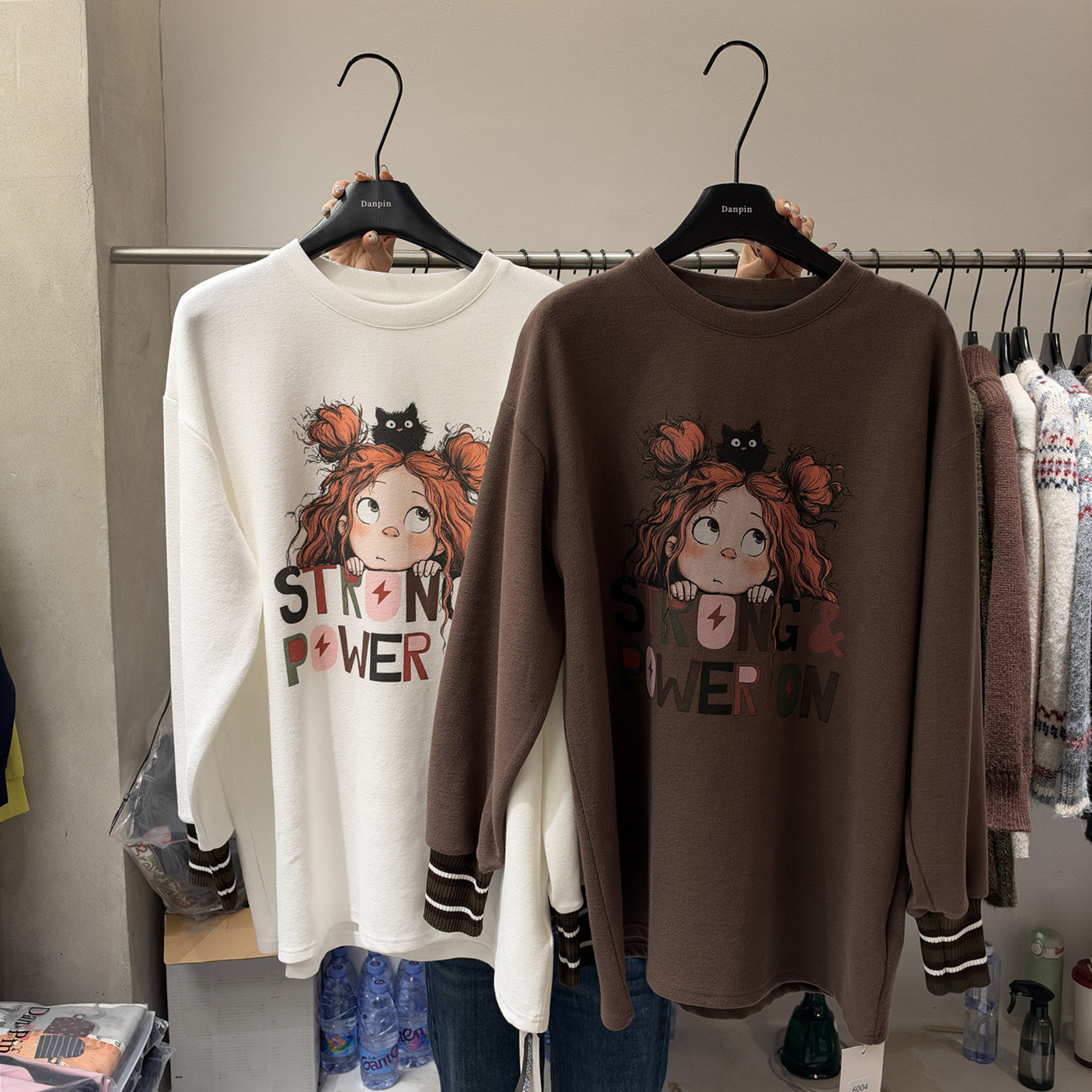 DANPIN单品 韩系卡通女孩印花长袖T恤女条纹袖口宽松中长款打底衫