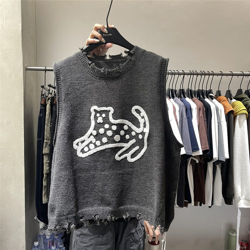 DANPIN单品 复古毛边破洞针织马甲韩系小狗提花宽松圆领叠穿背心