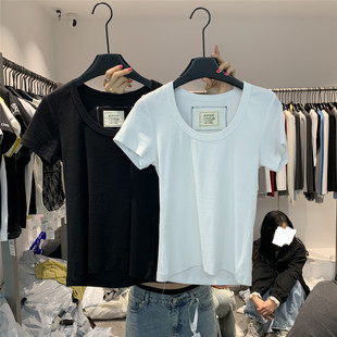 显瘦百搭基础款 917 T恤纯色修身 正肩U领坑条休闲短袖 内搭上衣 韩版