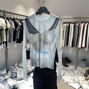 打底衫 917 显瘦长袖 辣妹风假两件印花网纱T恤微透修身 女 2026春季