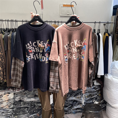 DANPIN单品 韩系假两件卡通印花卫衣女卡通图案格子拼接袖上衣t恤