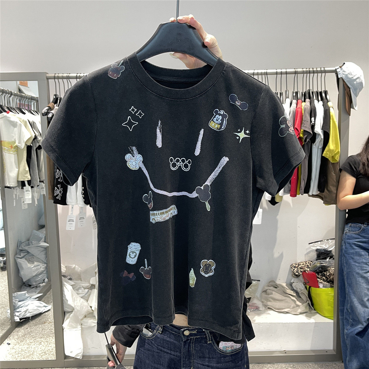 917 做旧水洗卡通笑脸米奇元素短袖T恤夏季新款修身显瘦短款上衣