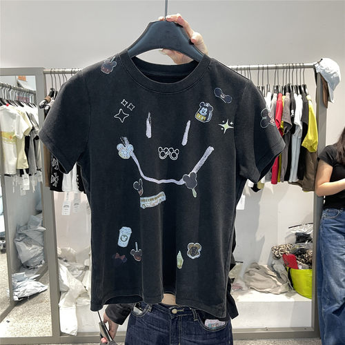 917 做旧水洗卡通笑脸米奇元素短袖T恤夏季新款修身显瘦短款上衣